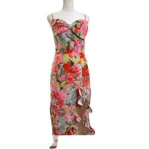 DoggyQin M Floral formal Spaghetti Strap Dress with bow detail and ruffle side